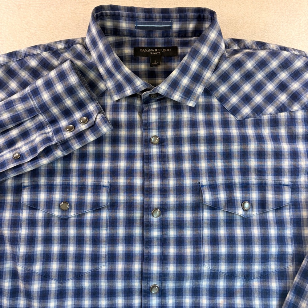 Banana Republic Mens Slim Fit Western Plaid Snap Button Shirt Blue Large 130992